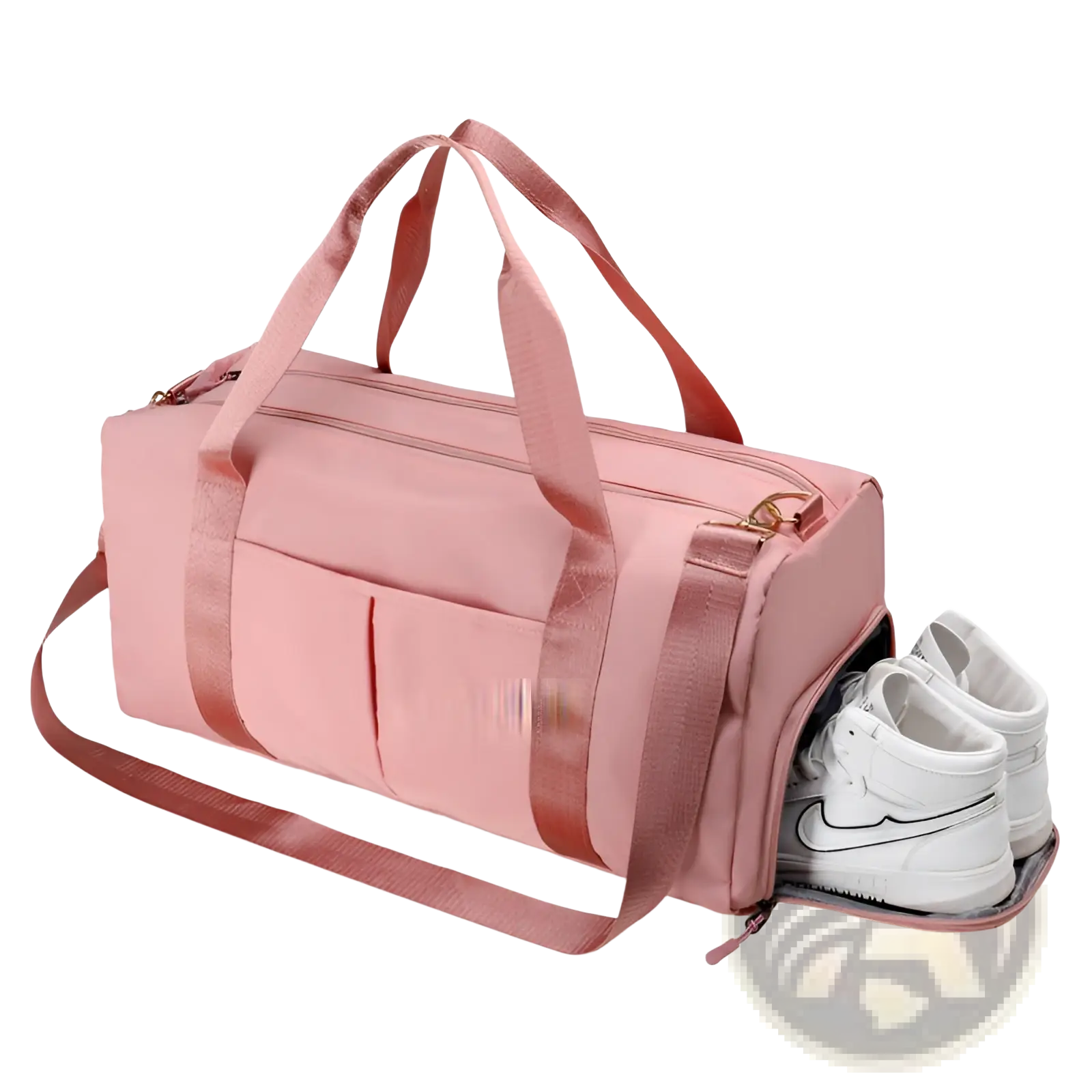 Pink waterproof oxford travel duffel bag with matching handles shoulder strap front pocket and zipper closure for gym and sports