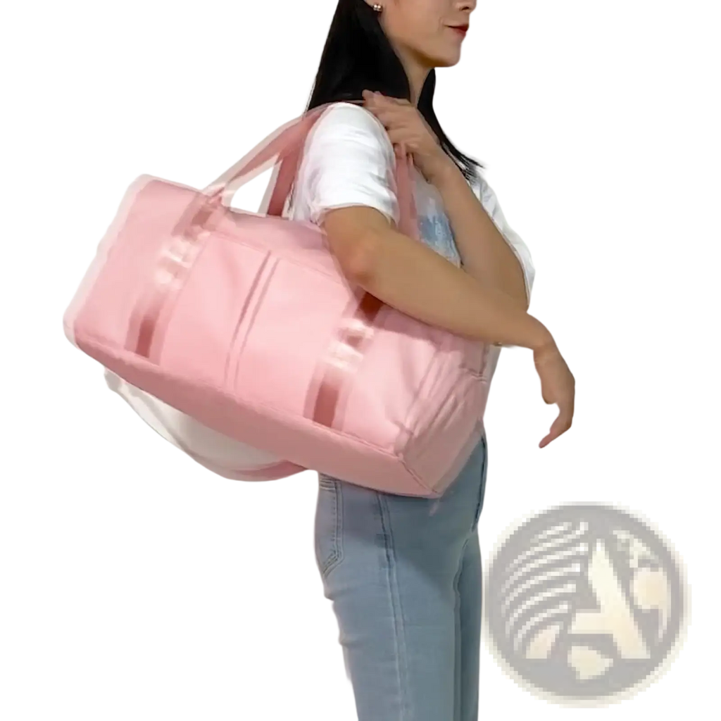 Pink waterproof oxford travel duffel bag with transparent straps and sleek modern design for gym and sports use