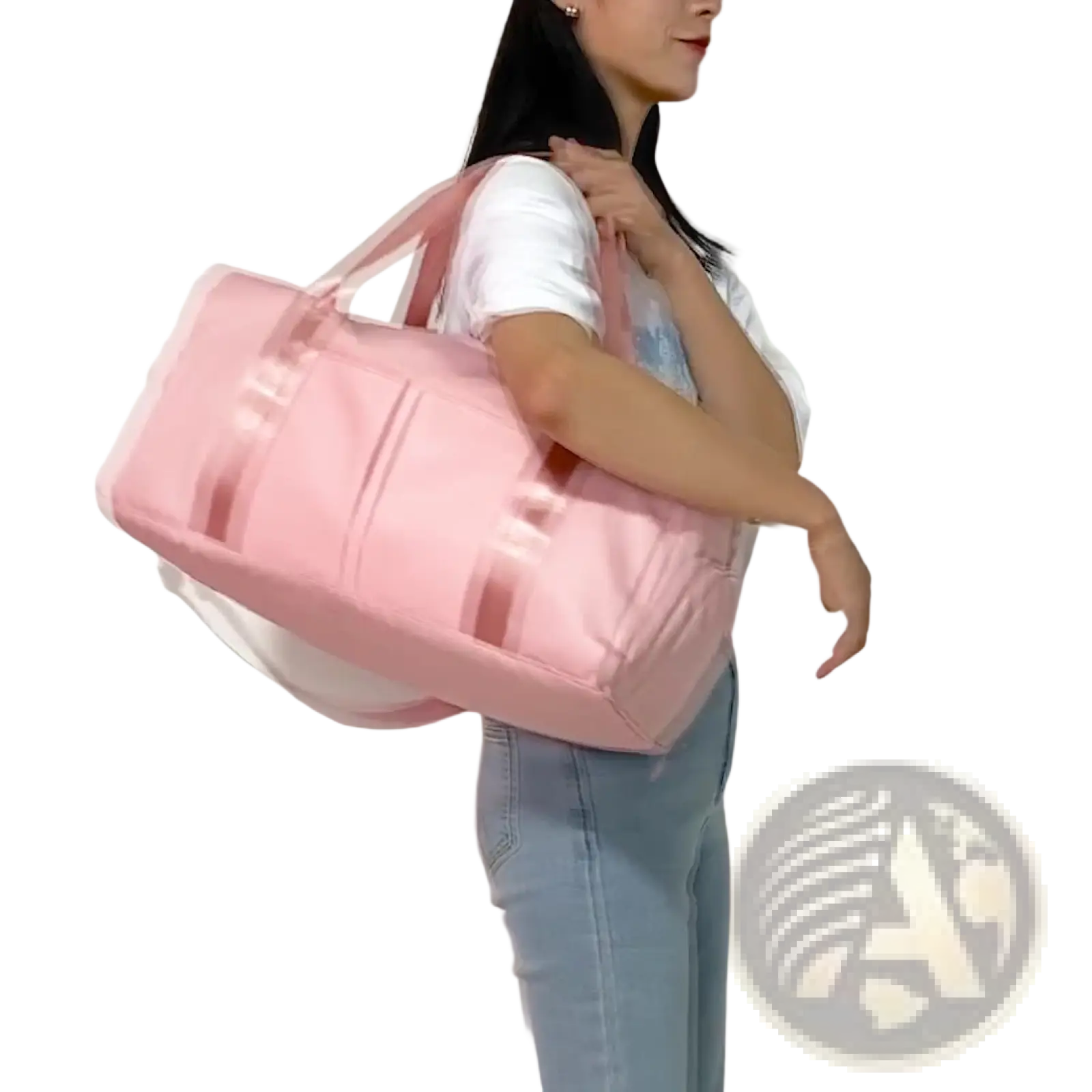 Pink waterproof oxford travel duffel bag with transparent straps and sleek modern design for gym and sports use