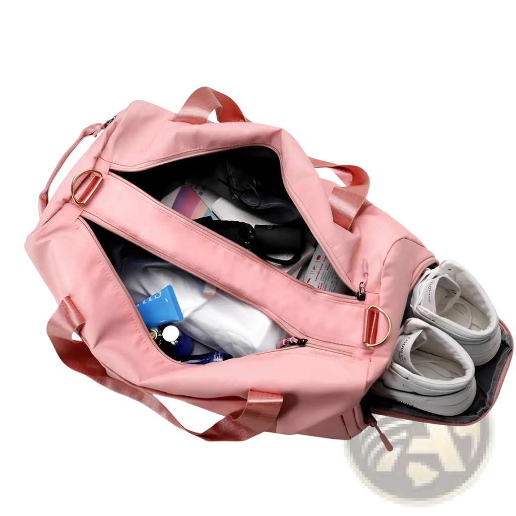 Pink nylon waterproof Oxford travel duffel bag with matching handles and gold-tone hardware for gym and sports use