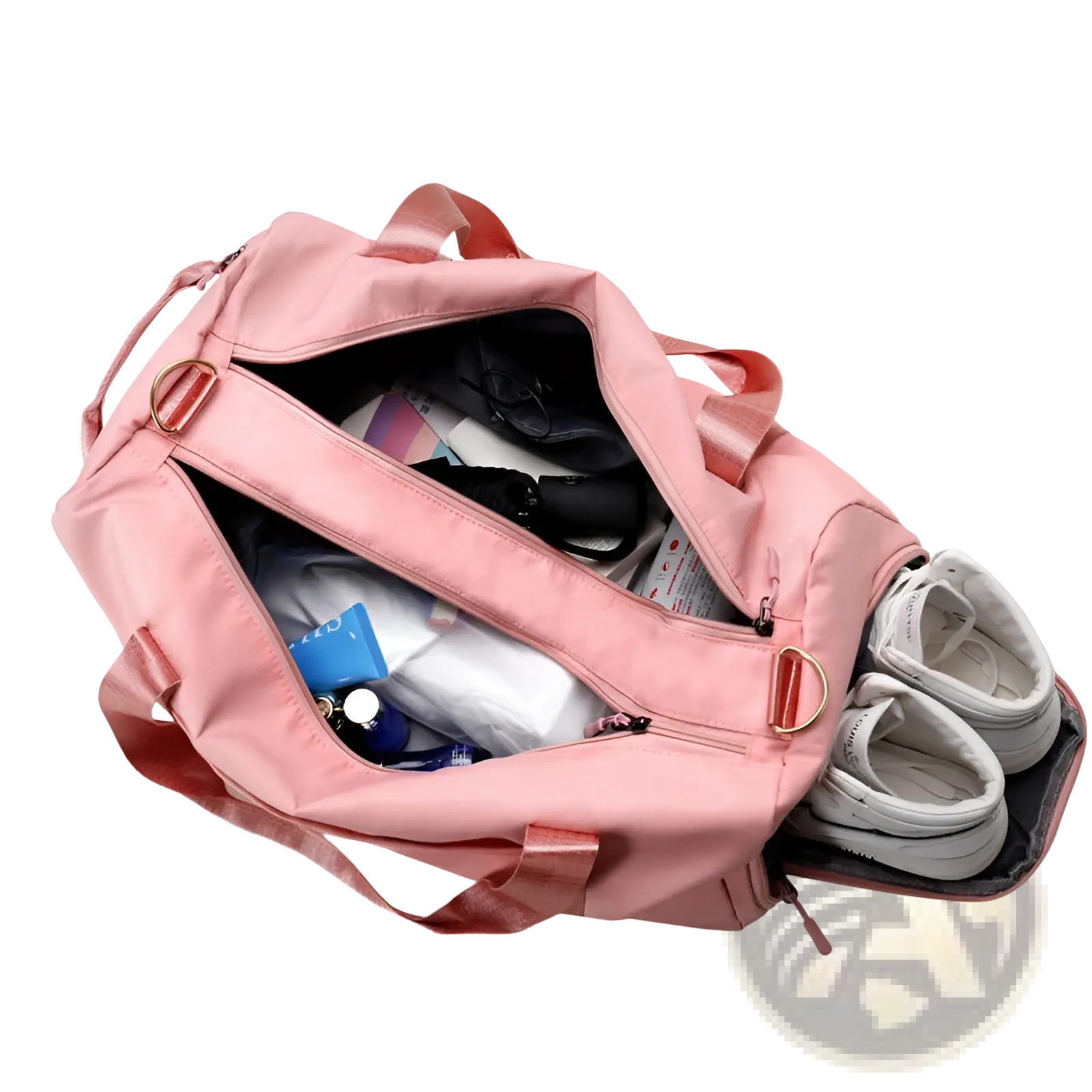 Pink nylon waterproof Oxford travel duffel bag with matching handles and gold-tone hardware for gym and sports use