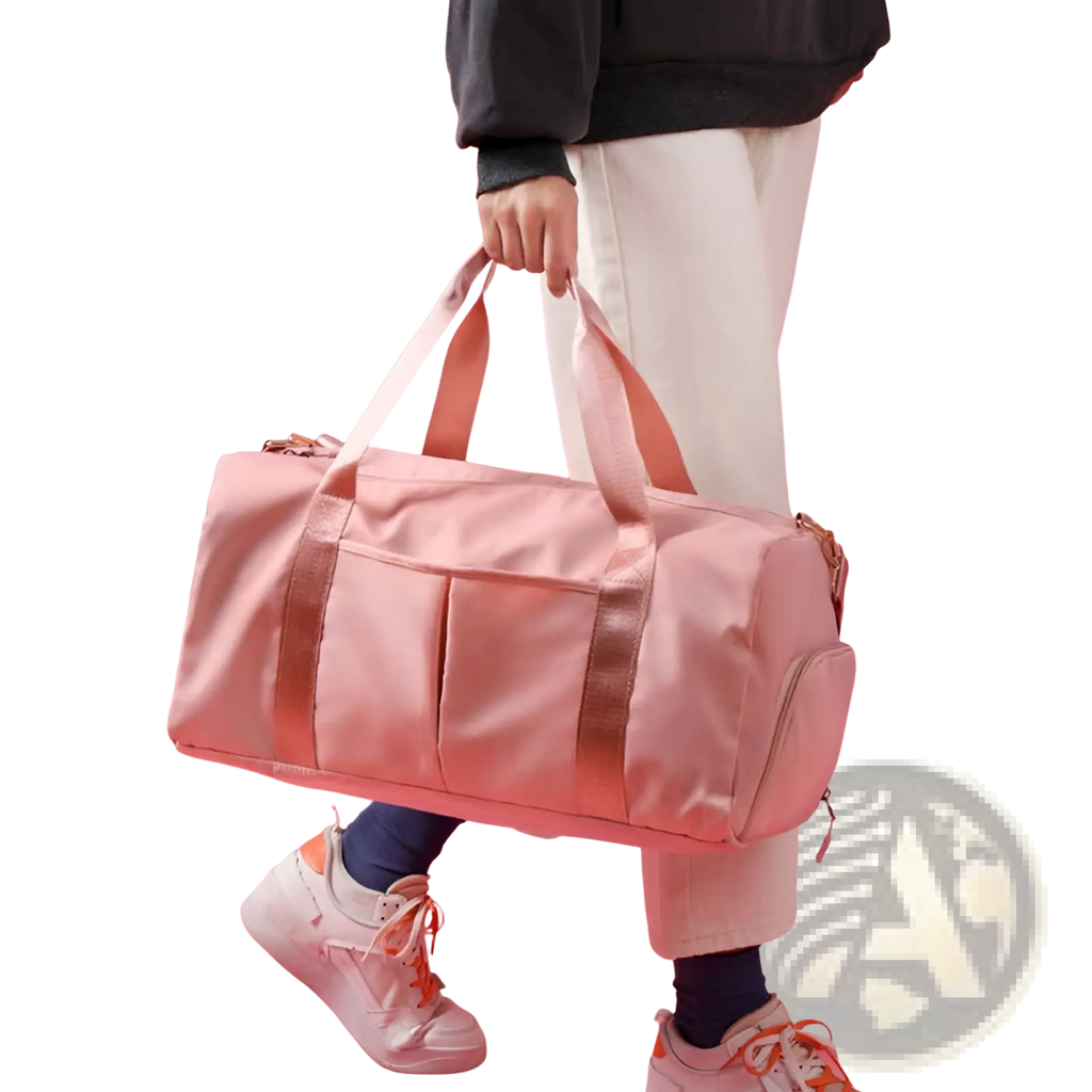 Pink satin-finish waterproof oxford travel duffel bag with rose gold zippers and handles for gym and sports use