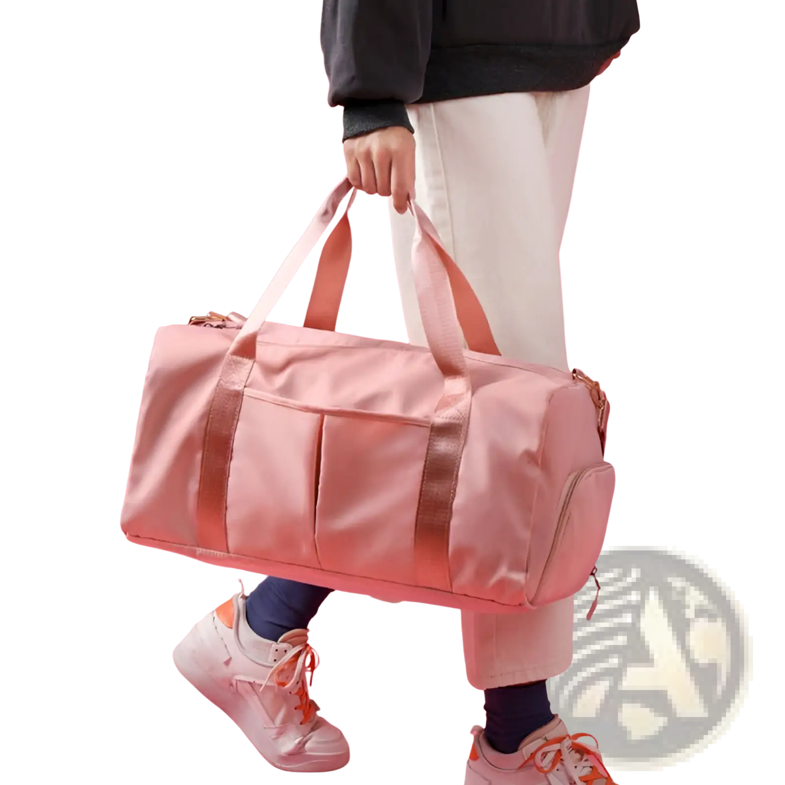 Pink satin-finish waterproof oxford travel duffel bag with rose gold zippers and handles for gym and sports use