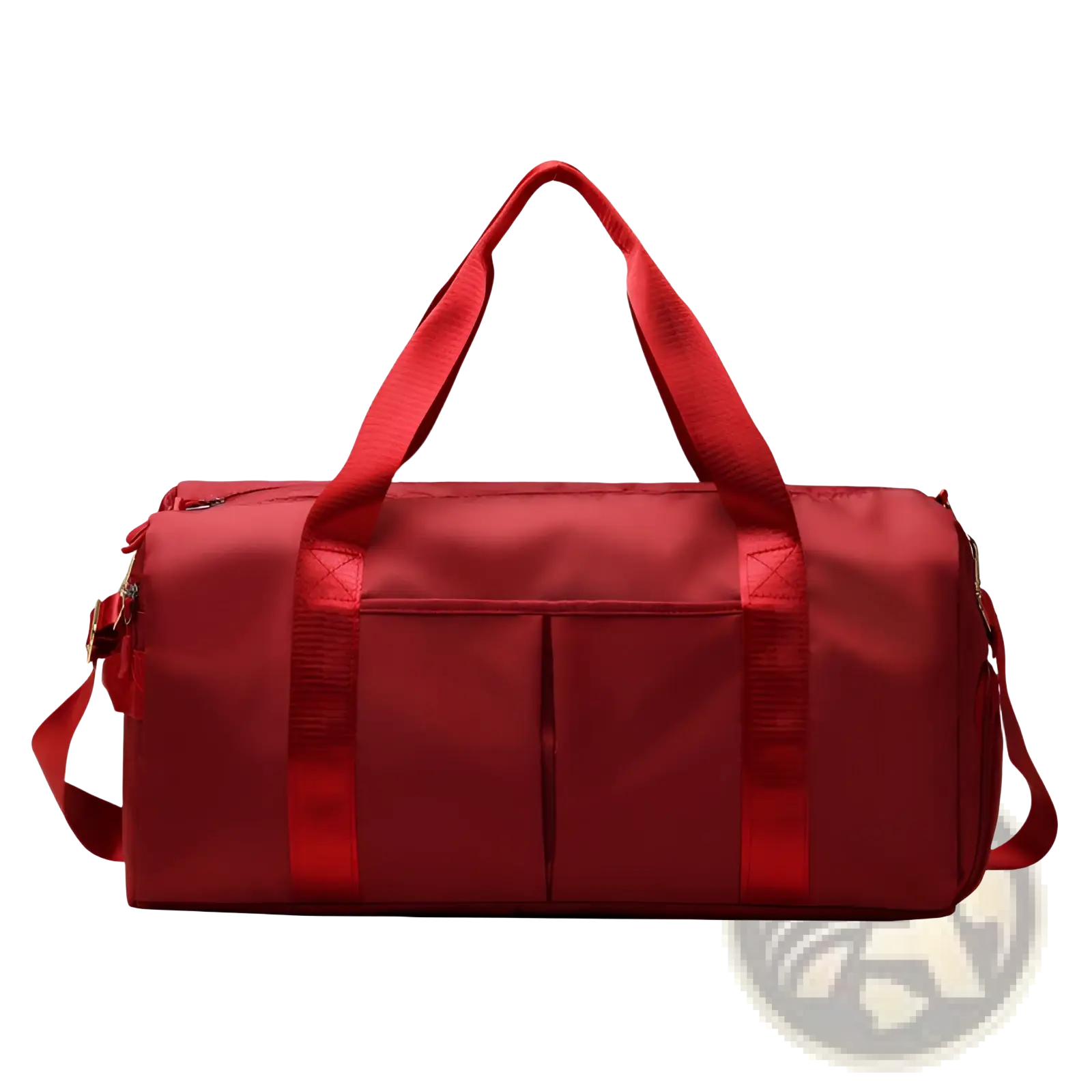 Red nylon waterproof Oxford travel duffel bag with reinforced handles and side straps for gym and sports use