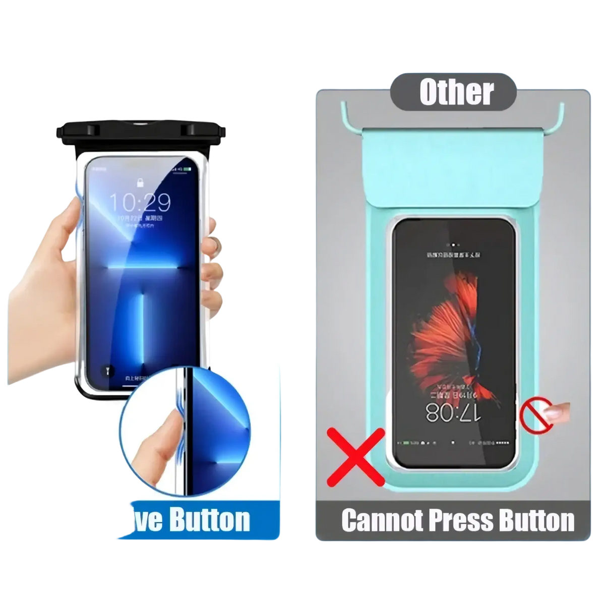 Black waterproof phone case universal underwater pouch with transparent front panel and sensitive touchscreen button