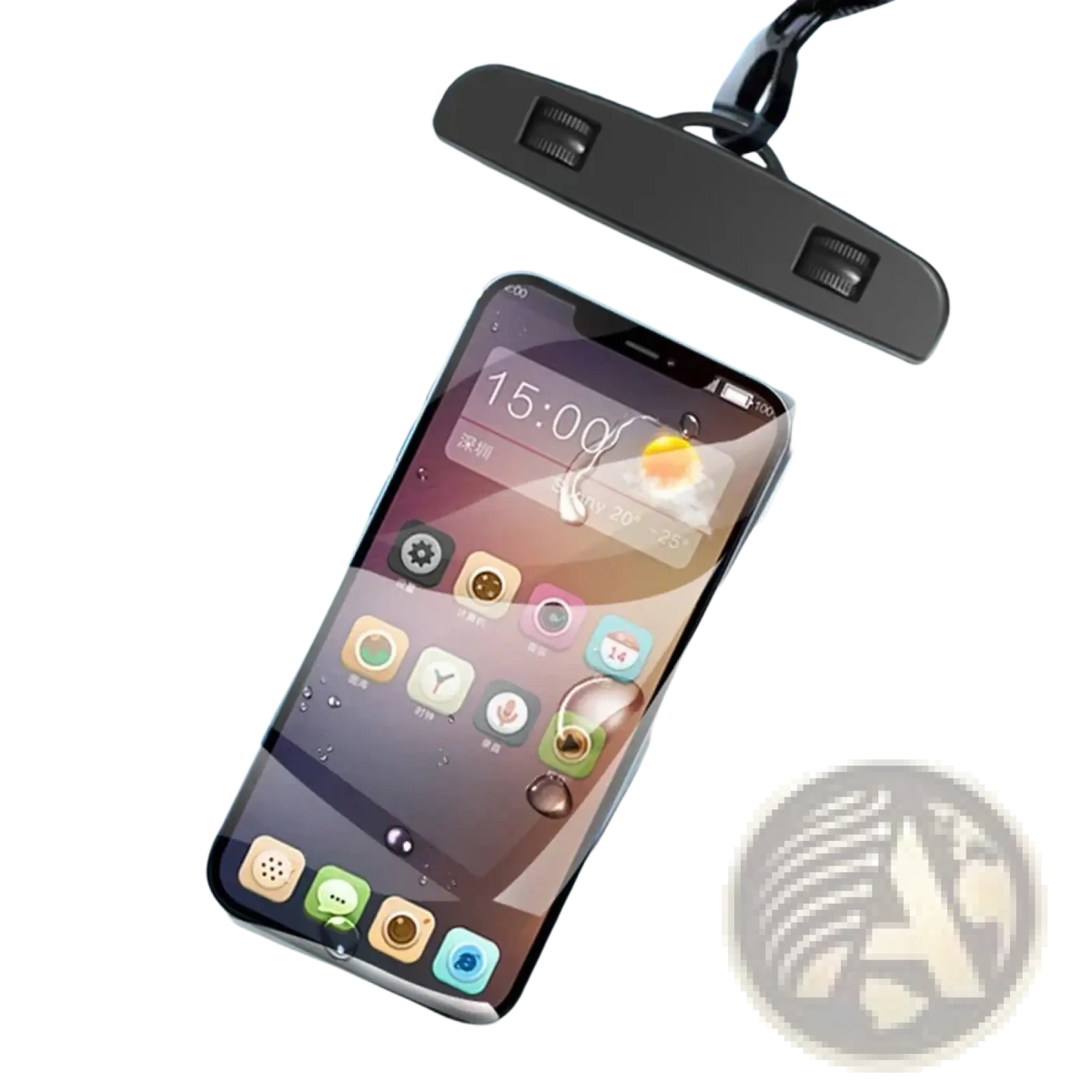 Clear waterproof phone case universal underwater pouch with black top and strap designed to protect smartphone in water