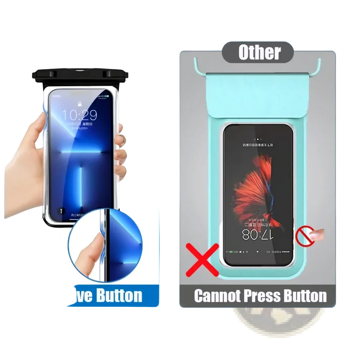 Black waterproof phone case universal underwater pouch with transparent front panel and sensitive touchscreen button
