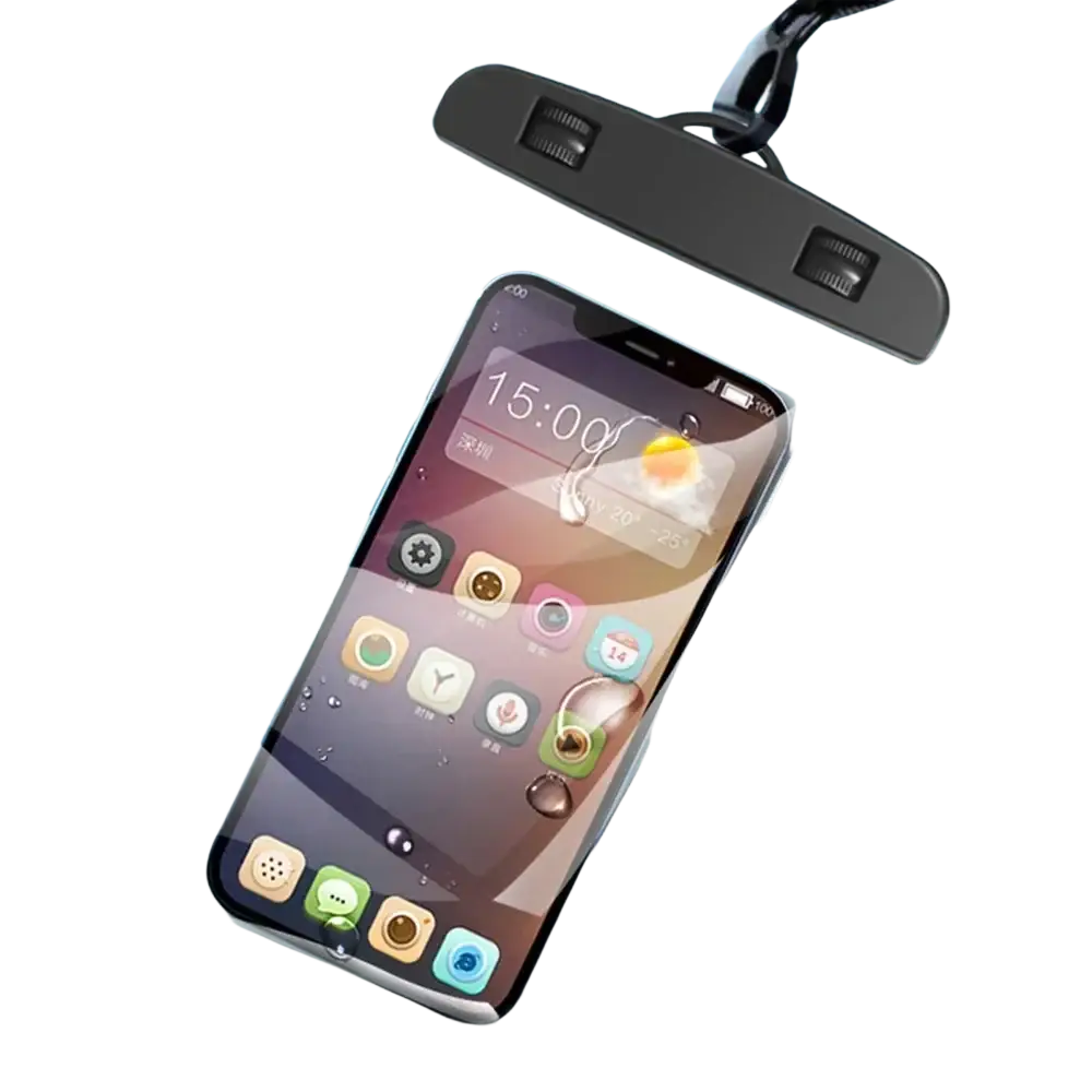 Clear waterproof phone case universal underwater pouch with black top and strap designed to protect smartphone in water