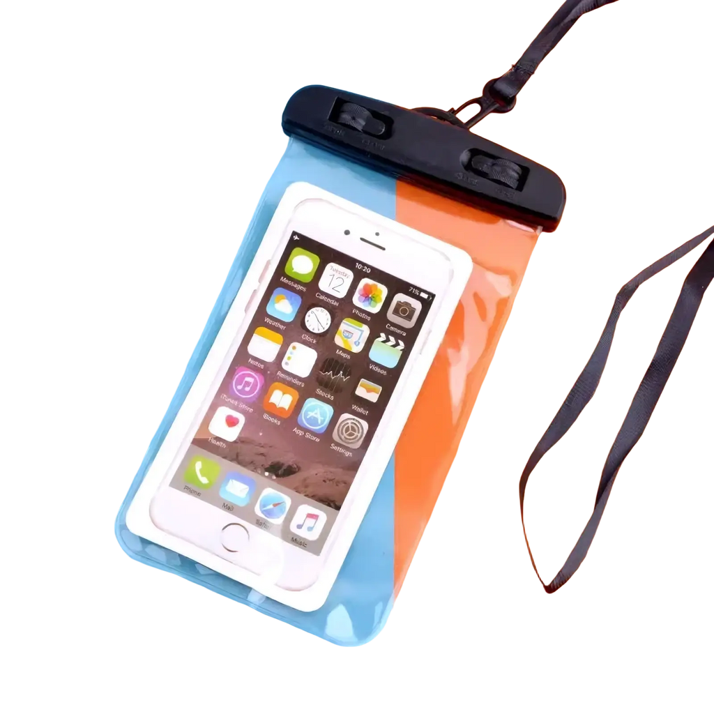 Clear waterproof phone case universal underwater pouch with black adjustable strap and zipper closure protecting a white smartphone