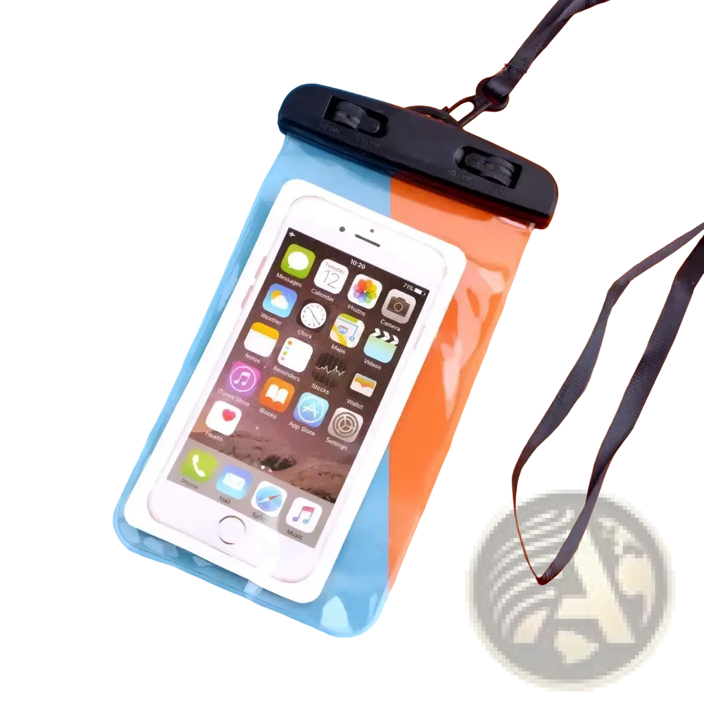 Clear waterproof phone case universal underwater pouch with black adjustable strap and zipper closure protecting a white smartphone