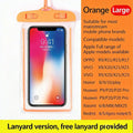 Orange transparent waterproof phone case with matching orange top and lanyard for universal underwater use