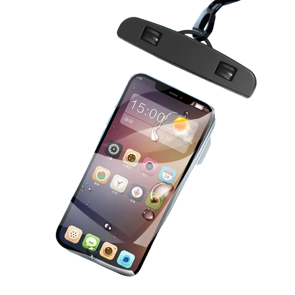 Transparent waterproof phone case universal underwater pouch with black top and strap designed to protect smartphones in water