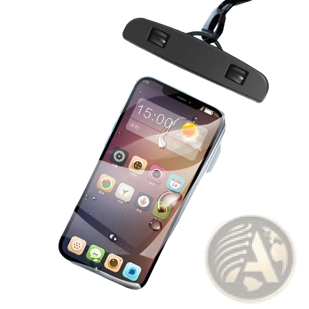 Transparent waterproof phone case universal underwater pouch with black top and strap designed to protect smartphones in water