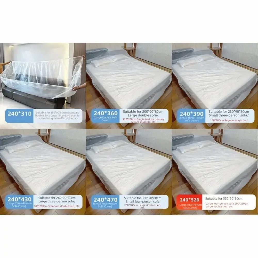 Clear plastic waterproof plastic furniture dust cover set with dimensions and mattress size compatibility labels
