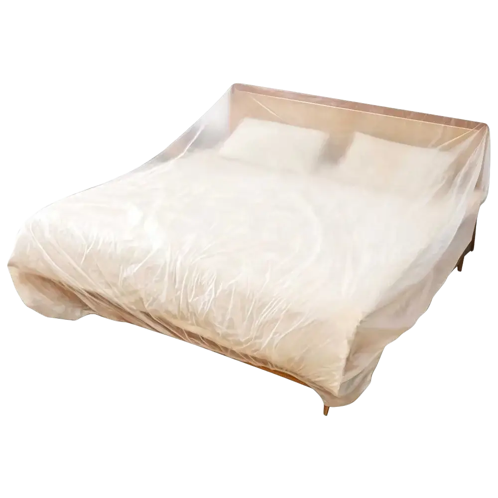 Clear lightweight plastic bed net made of waterproof material designed to cover mattress and pillows for insect protection