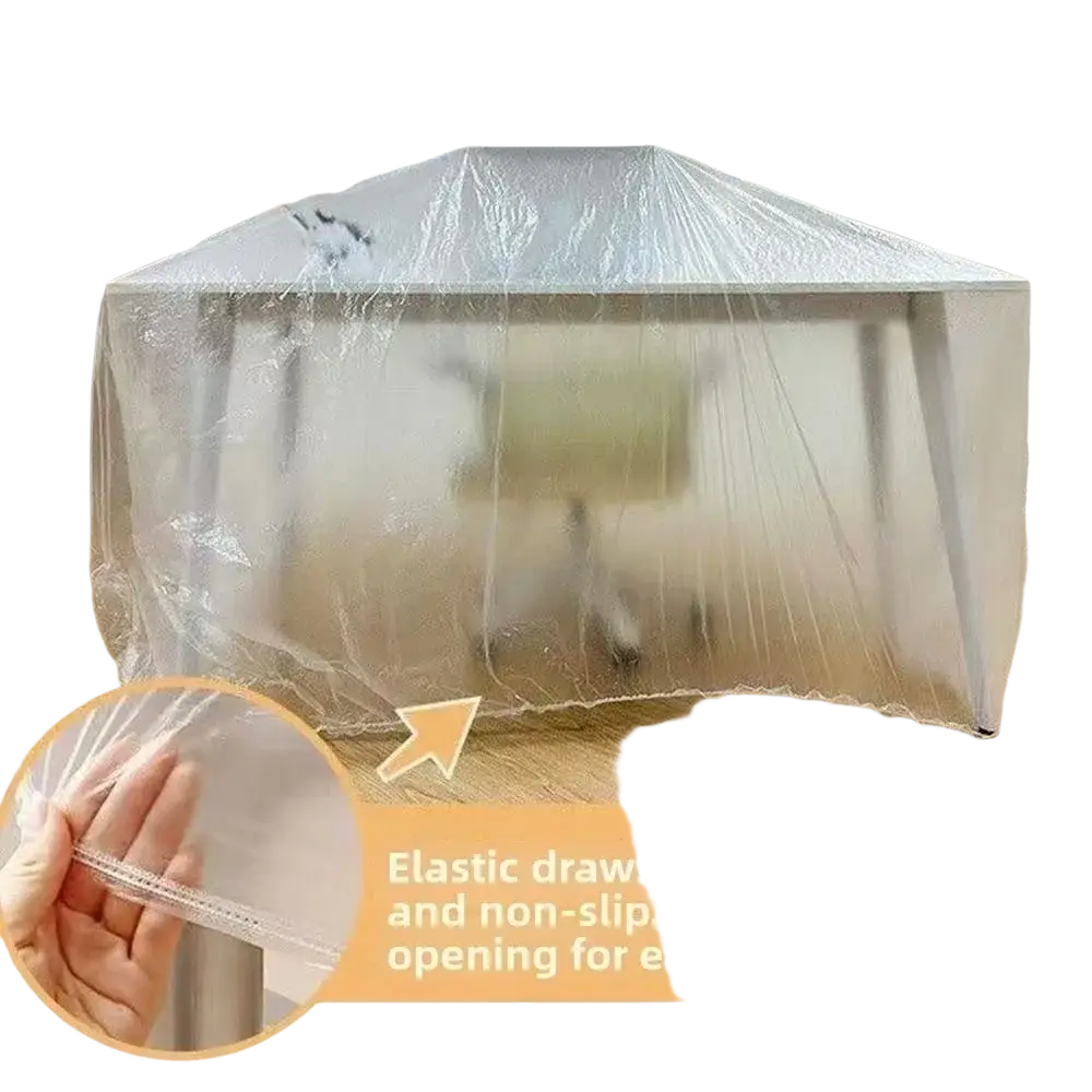 Clear plastic waterproof plastic furniture dust cover set with elastic drawstring edges and large bottom opening