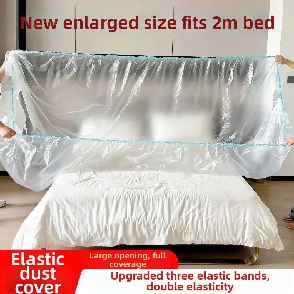 Transparent plastic waterproof furniture dust cover with light blue elastic trim for protection against dirt and dust