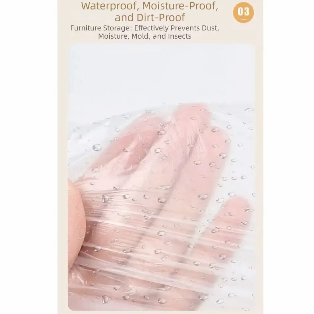 Transparent plastic glove with water droplets highlighting waterproof feature of plastic furniture dust cover set