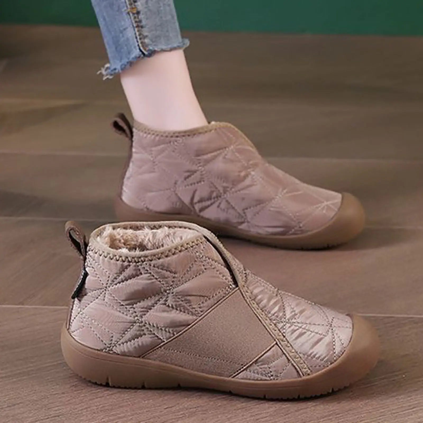 Beige quilted waterproof plush winter snow boots with soft fleece lining and durable rubber sole for cold weather use