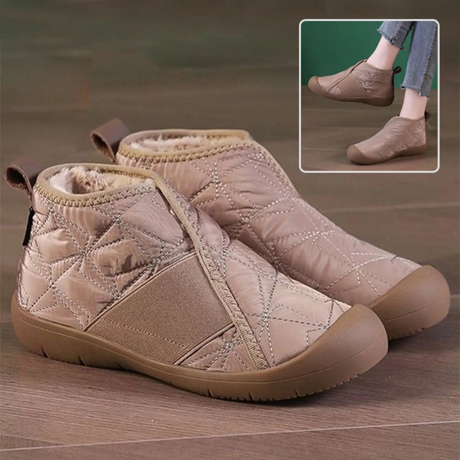 Beige waterproof plush winter snow boots with quilted design, soft fleece lining, and elastic side panels