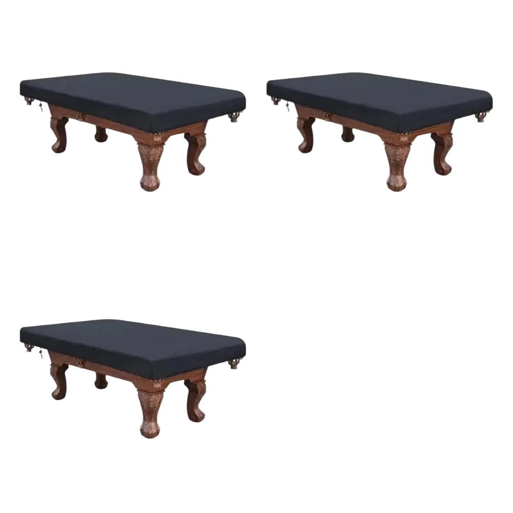Waterproof black pool table cover made of 210d oxford fabric with dark wood frame and ornate legs for billiard dust protection