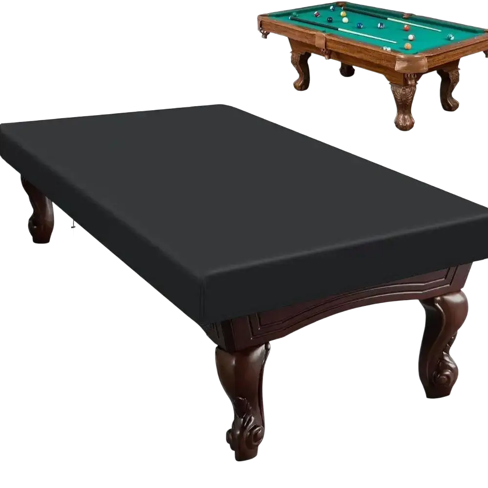 Black waterproof pool table cover made of 210d oxford fabric designed for billiard dust protection