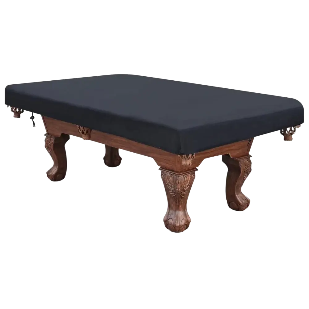 Black waterproof pool table cover made of 210d oxford fabric snugly fits a wooden billiard table with carved legs