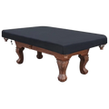 Black waterproof pool table cover made of 210d oxford fabric snugly fits a wooden billiard table with carved legs