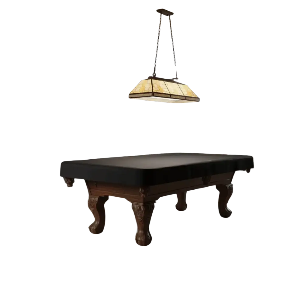 Dark green felt pool table with ornate carved wood legs featuring waterproof 210d Oxford billiard dust cover