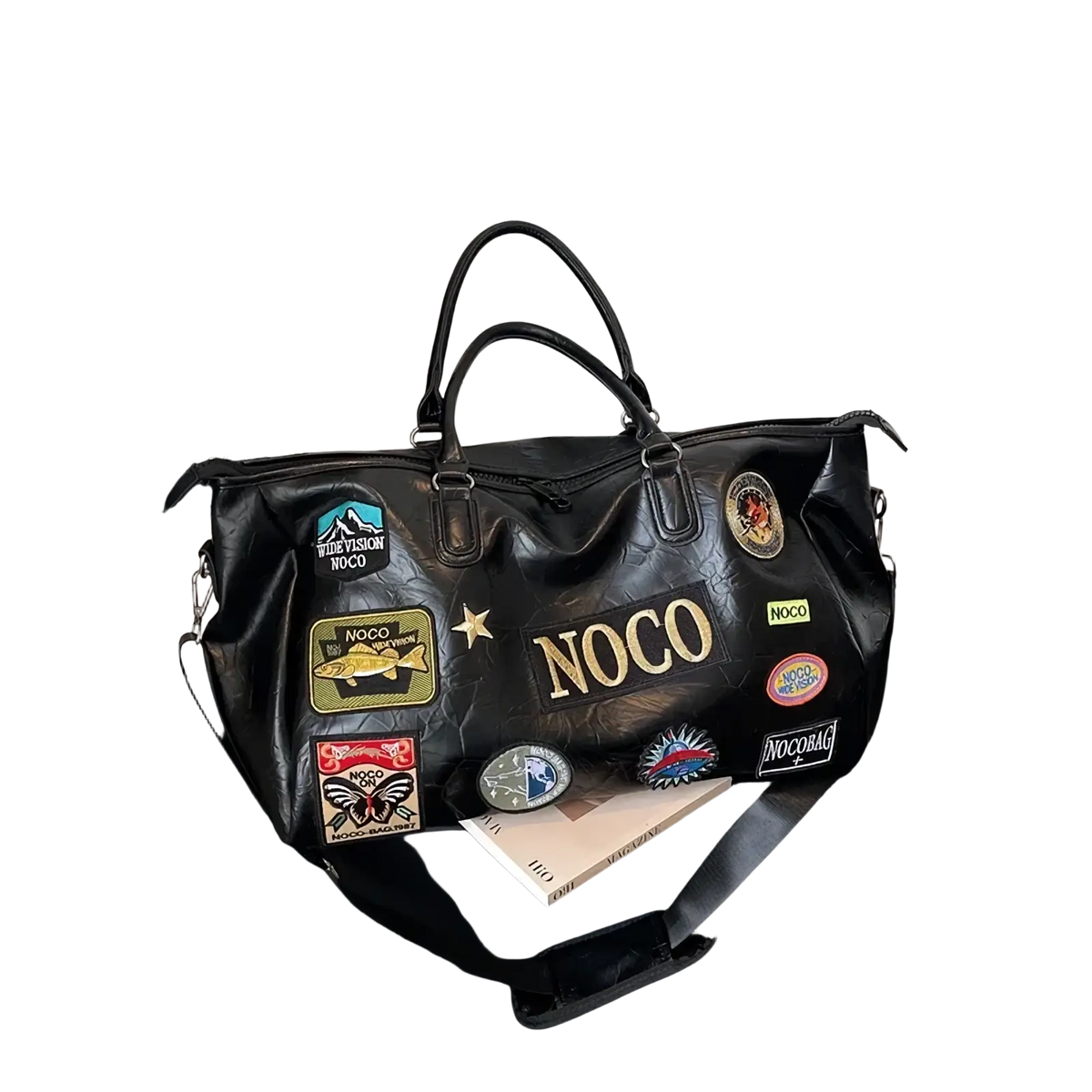 Black waterproof pu leather travel duffel bag with colorful patches and gold lettering for stylish trips
