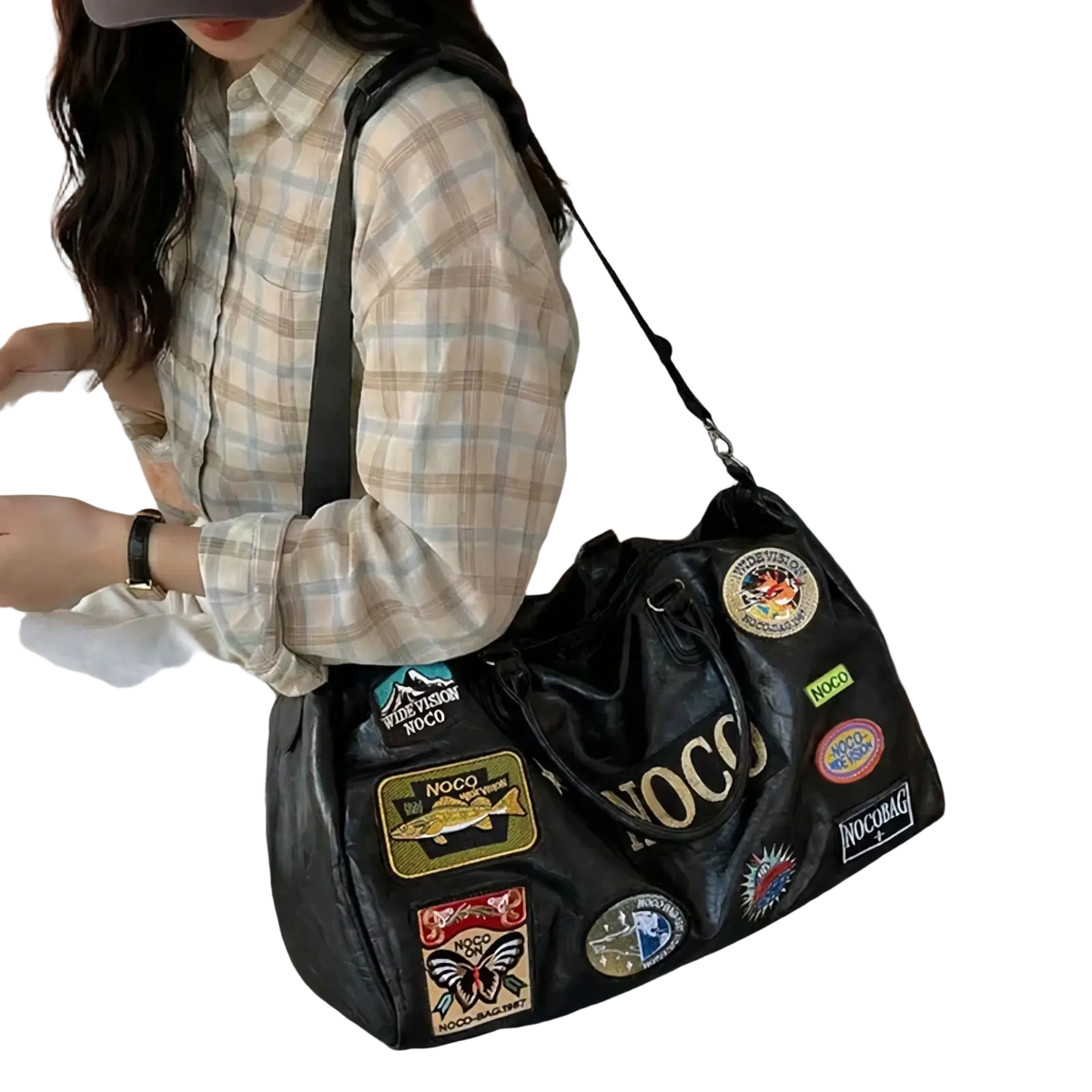 Black waterproof Pu leather travel duffle bag with colorful patches and gold lettering branded nocco