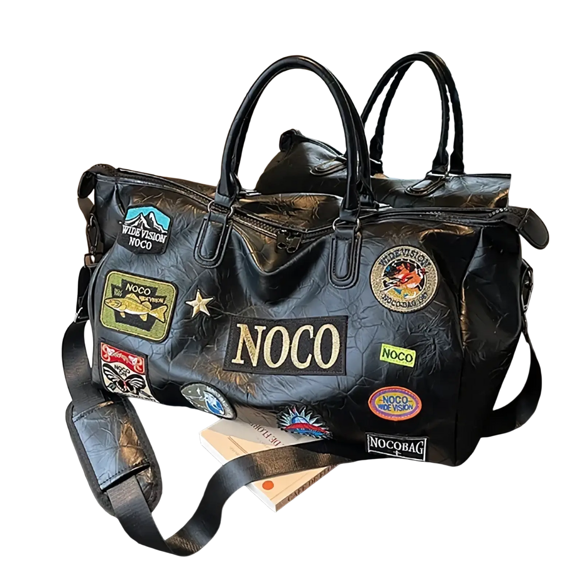 Black nocco waterproof pu leather travel duffle bag with a shiny textured surface and colorful patches