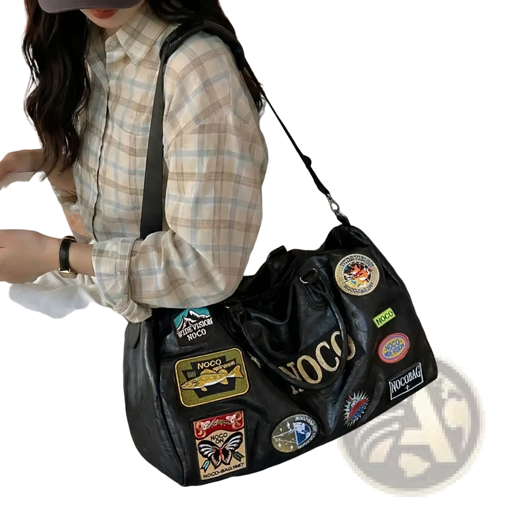 Black waterproof Pu leather travel duffle bag with colorful patches and gold lettering branded nocco