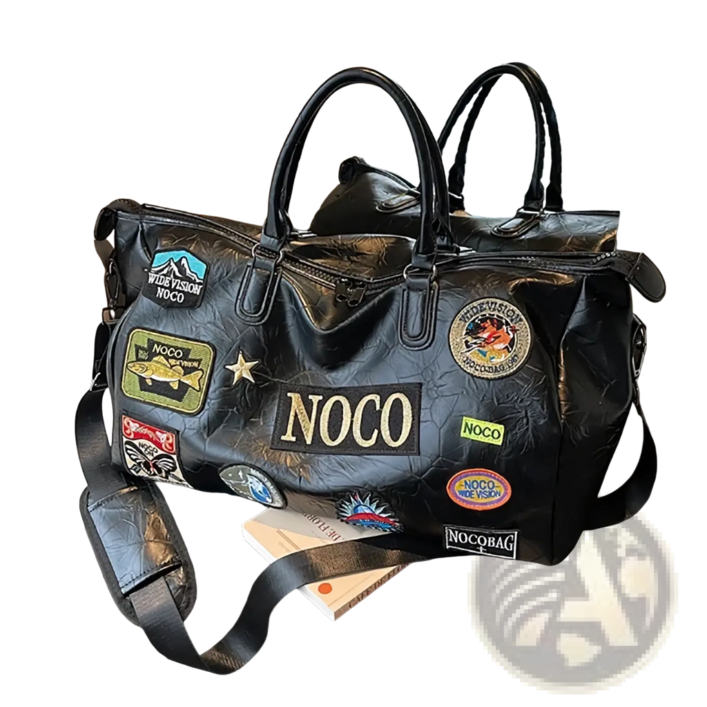 Black nocco waterproof pu leather travel duffle bag with a shiny textured surface and colorful patches