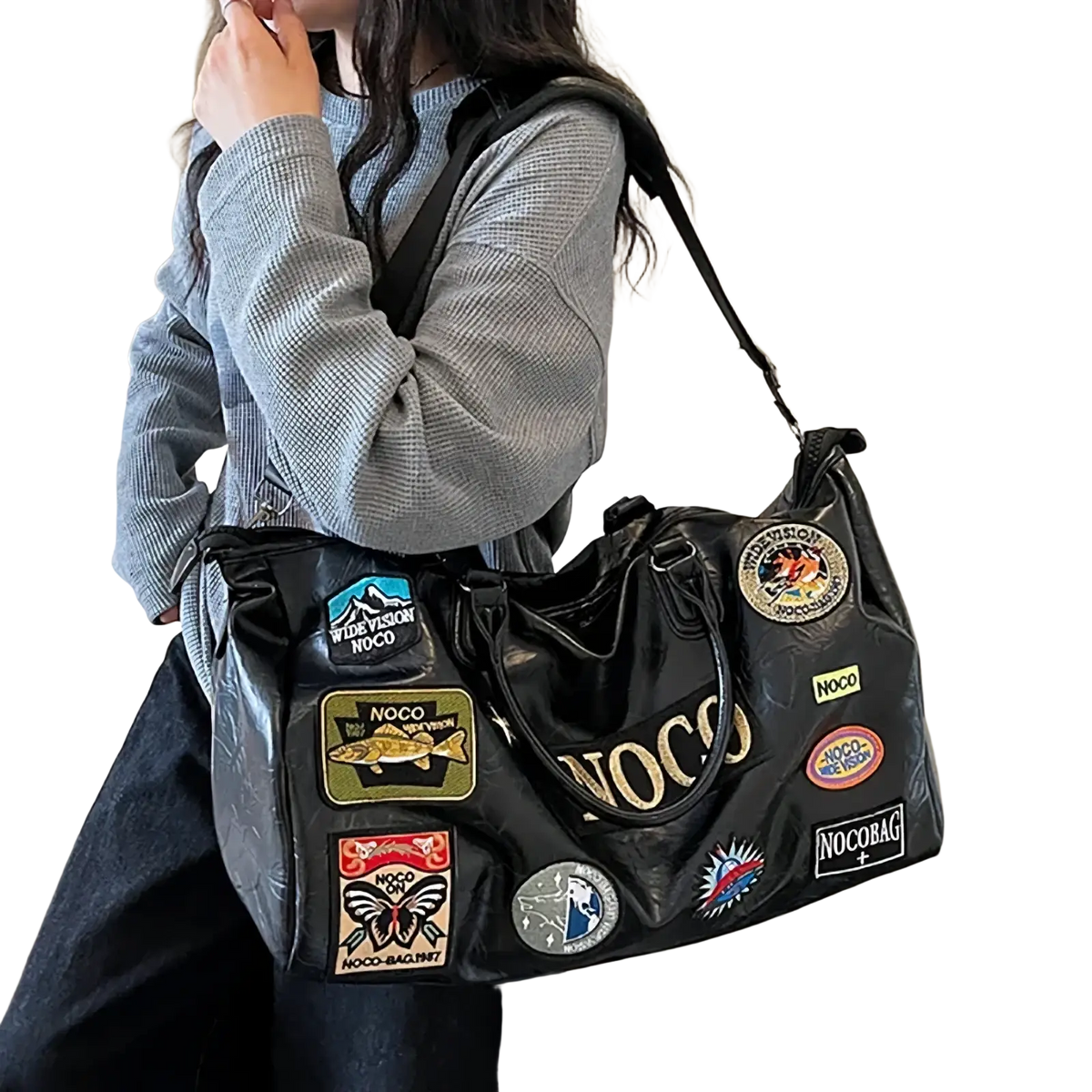 Black nocobag waterproof pu leather travel duffle bag with colorful patches and gold lettering