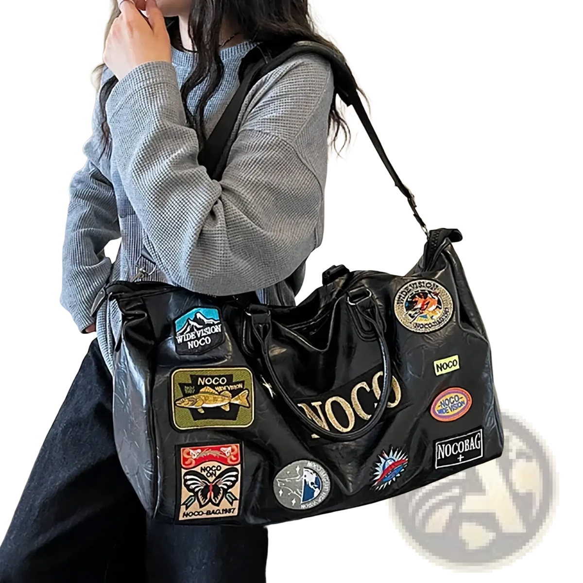 Black nocobag waterproof pu leather travel duffle bag with colorful patches and gold lettering