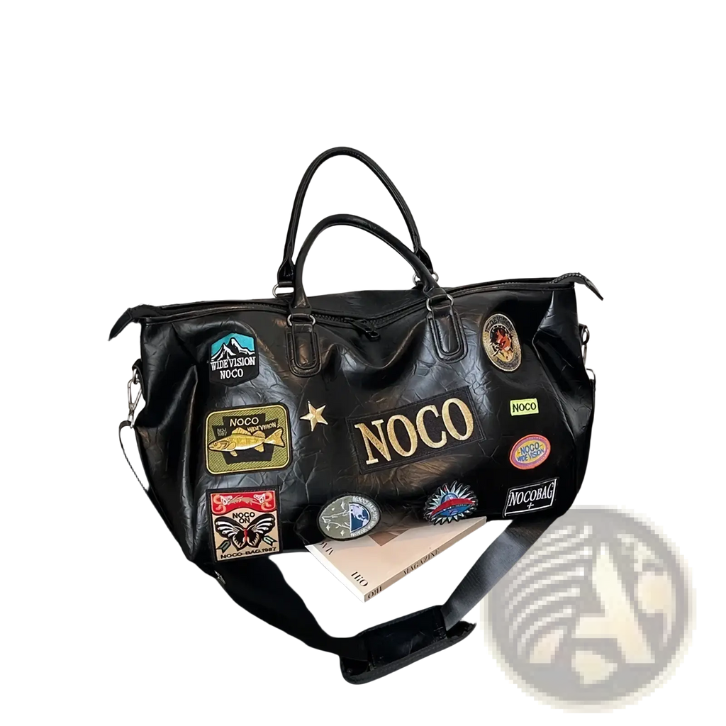 Black waterproof pu leather travel duffel bag with colorful patches and gold lettering for stylish trips