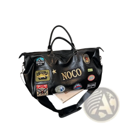 Black waterproof pu leather travel duffel bag with colorful patches and gold lettering for stylish trips