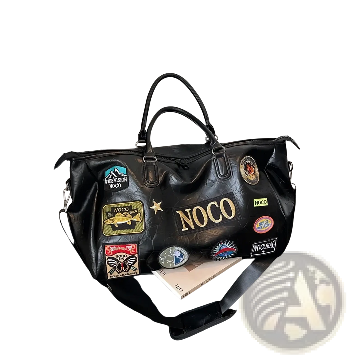 Black waterproof pu leather travel duffel bag with colorful patches and gold lettering for stylish trips