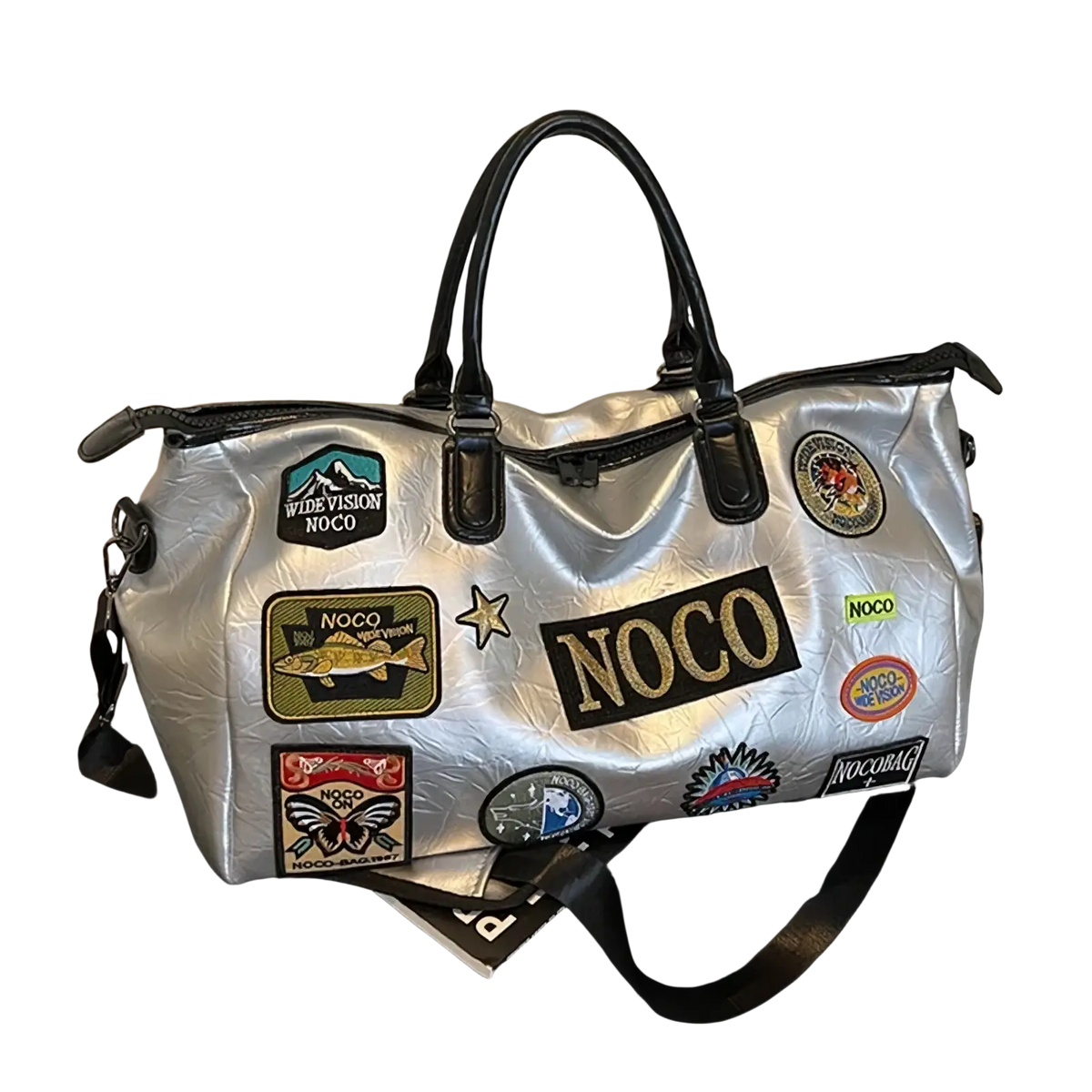 Silver metallic waterproof pu leather travel duffle bag with colorful patches and black leather handles