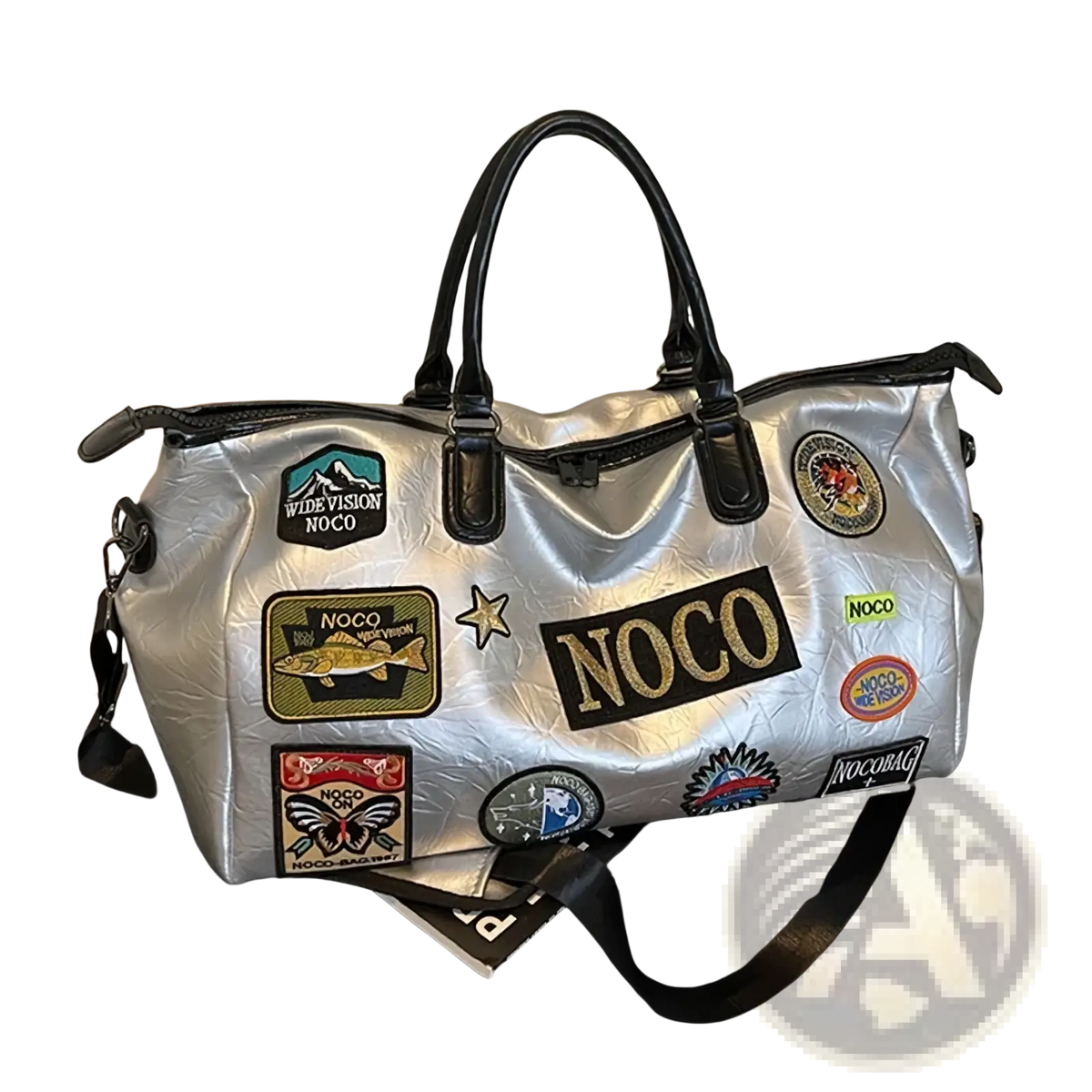 Silver metallic waterproof pu leather travel duffle bag with colorful patches and black leather handles