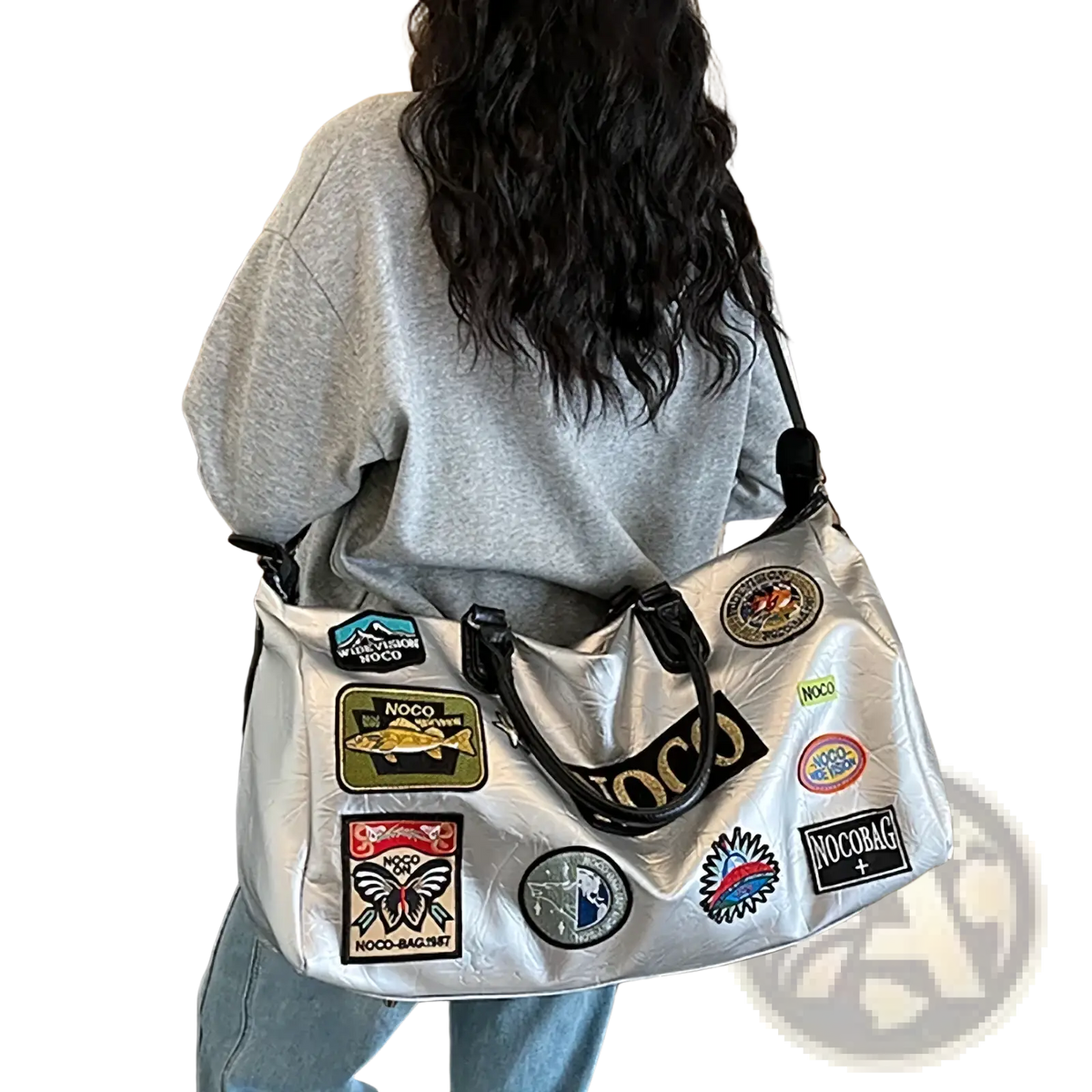 Silver metallic nocobag waterproof pu leather duffle bag with colorful patches and black handles for travel use