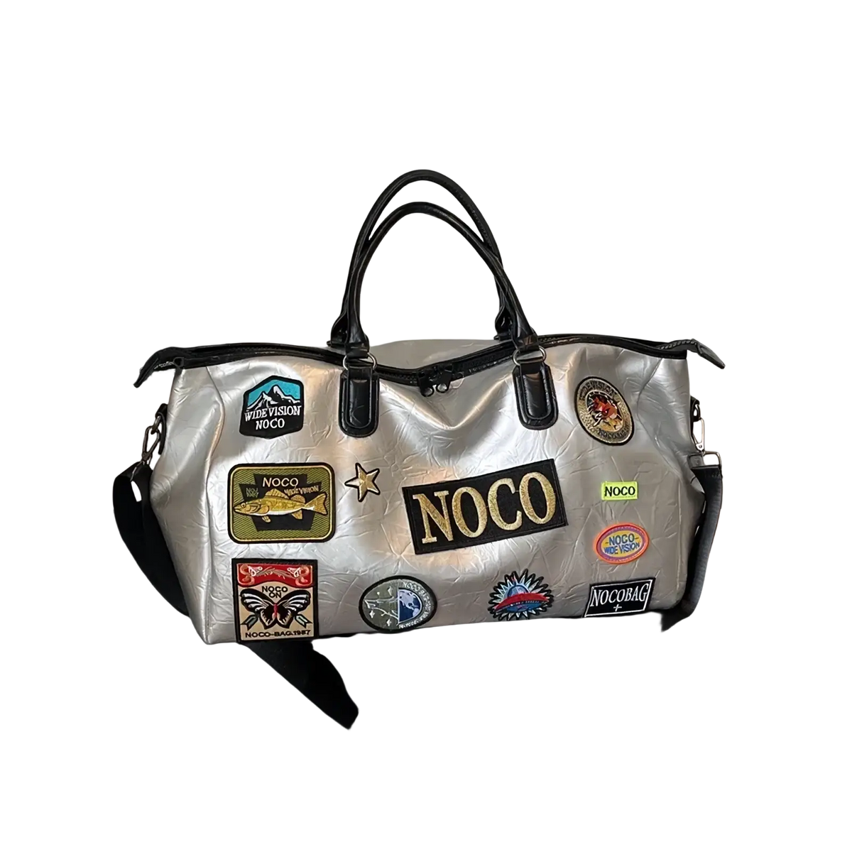 Waterproof silver pu leather travel duffle bag with black leather handles detachable strap and colorful embroidered patches