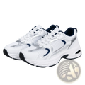 Waterproof pu leather women’s fashion sneakers in white and navy blue with silver mesh accents and chunky sole