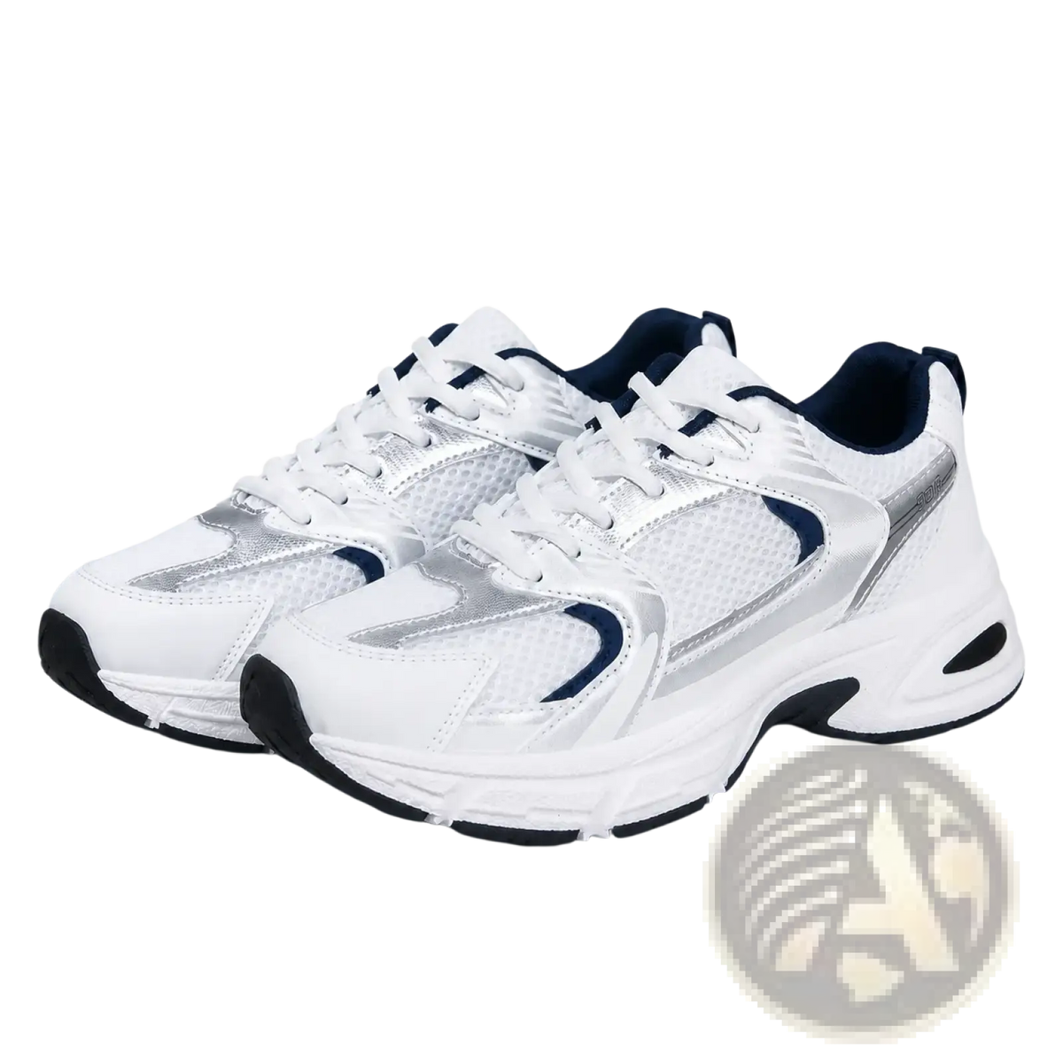Waterproof pu leather women’s fashion sneakers in white and navy blue with silver mesh accents and chunky sole