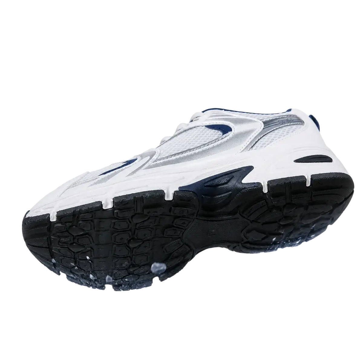 White and navy blue pmwrun waterproof pu leather women’s fashion sneakers with chunky textured rubber outsole for strong grip