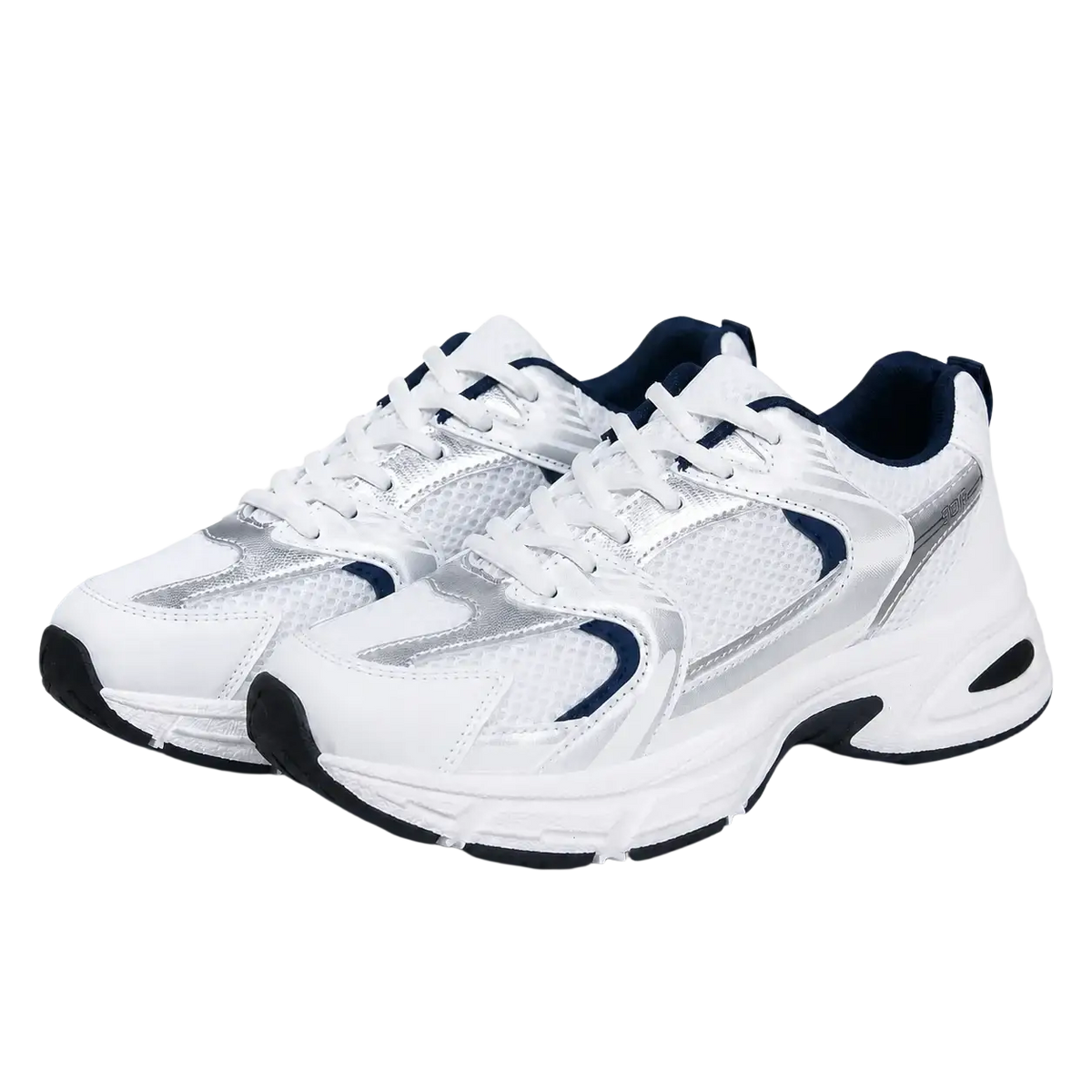 Waterproof pu leather women’s fashion sneakers in white and navy blue with silver mesh accents and chunky sole