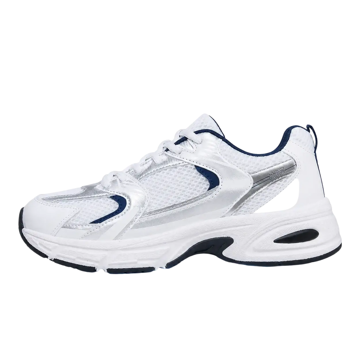 Waterproof pu leather women’s fashion sneakers with white and navy blue pmwrun design and silver mesh upper