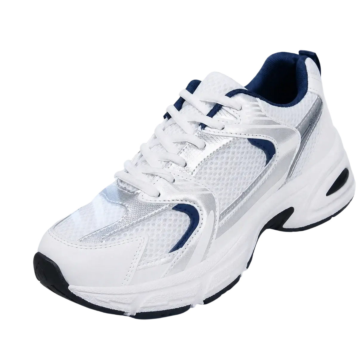 Waterproof pu leather women’s fashion sneakers in white and navy blue with breathable mesh upper and chunky sole