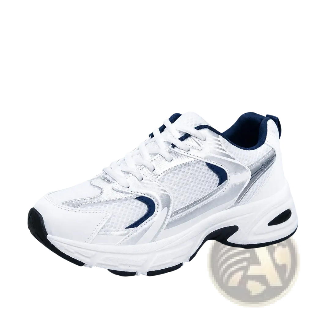 Waterproof pu leather women’s fashion sneaker in white and navy blue with mesh, synthetic overlays, and chunky sole